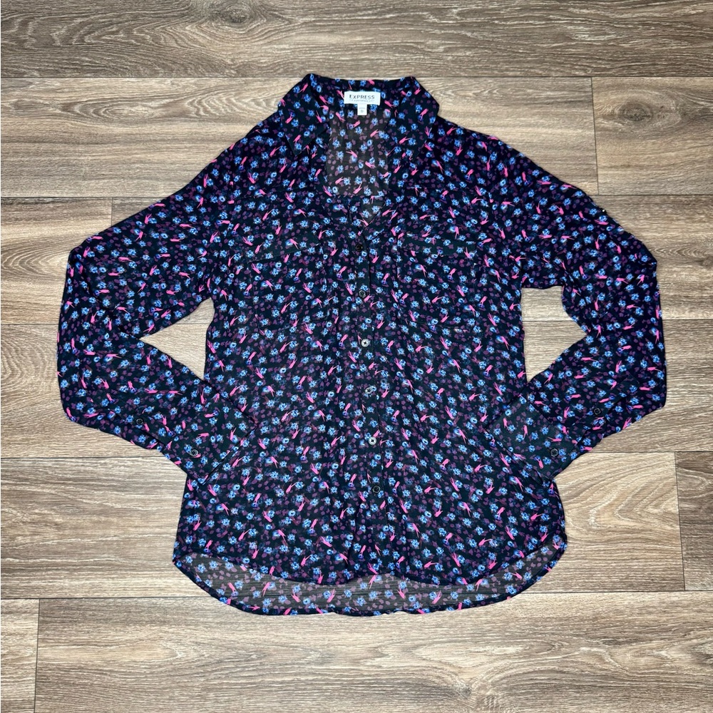 Express Women's Floral Blouse Size XS - Black and Pink